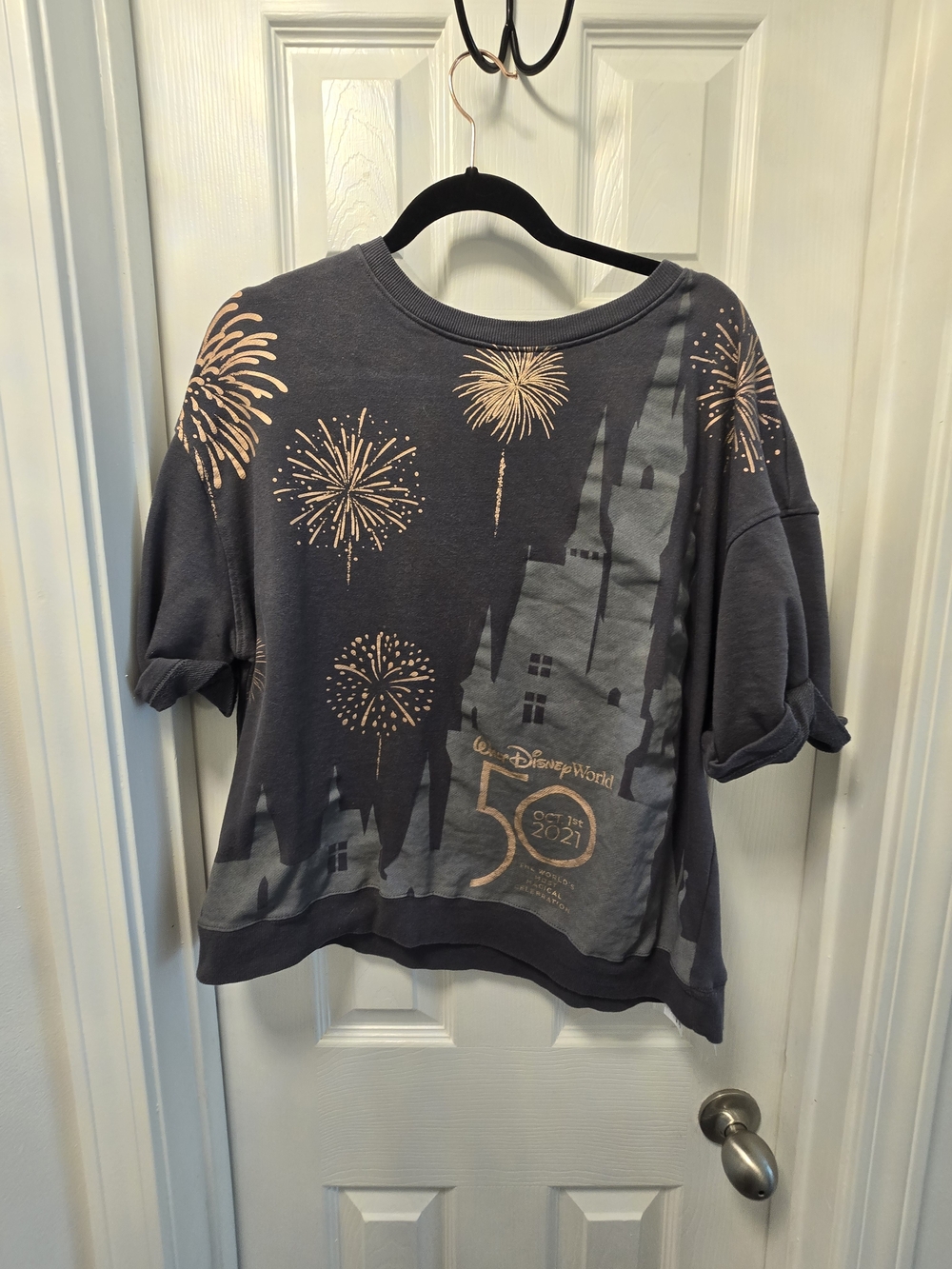 Disney Gray Short-Sleeve Sweatshirt with Rose Gold Fireworks